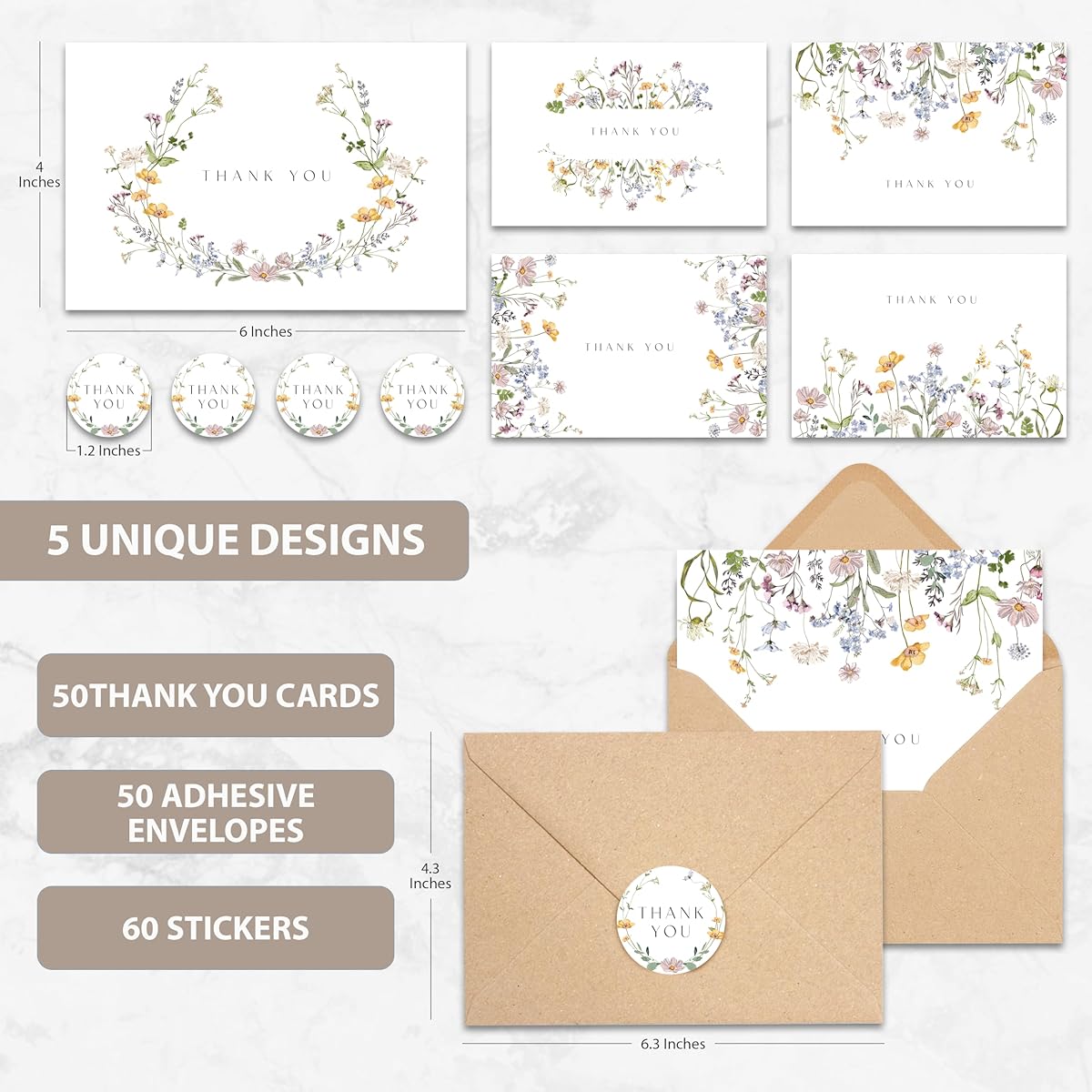 AUDREE 50 Pack Floral Thank You Cards