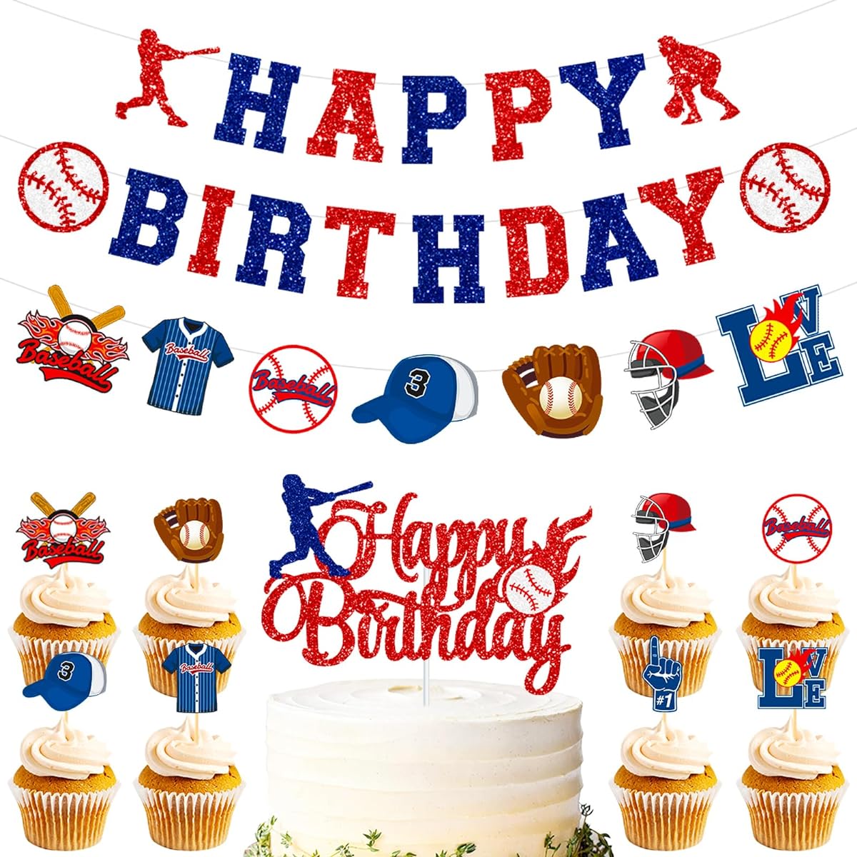 Baseball Happy Birthday Set | Banner & Cake Topper Baseball Fan Party Decorations | Sports Theme Party Supplies