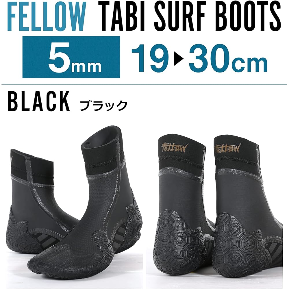 FELLOW Surf Boots 5mm Cold Protection Brushed Lining Surfing Shoes Split Tip Heat Retention Brushed Waterproof Japanese Standard Men's Women's Mid-Winter Semi-Dry Suit Black 28cm