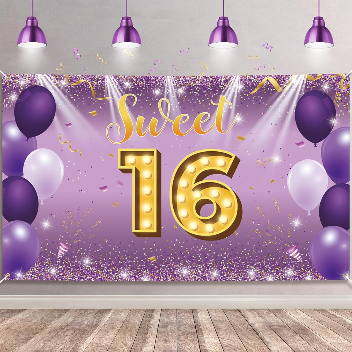 HTDZZI Sweet 16 Birthday Decorations Happy 16th Birthday Backdrop Banner for Girls Purple Sweet 16th Birthday Yard Sign Photo Booth Props Fabric 6ft x 3.5ft