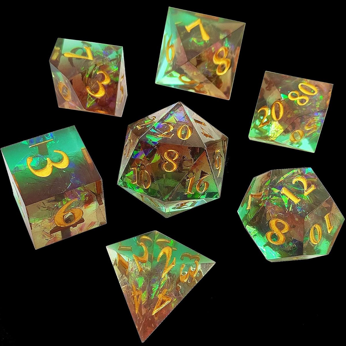 AJKDEUIH DND Dice Set D&D Polyhedral Dungeons and Dragons RPG Sharp Edge Resin Dice MTG Pathfinder Role Playing D&D Tabletop Game D20 D12 D10 D8 D6 D4 Gift with Dice Bag - Brown Green