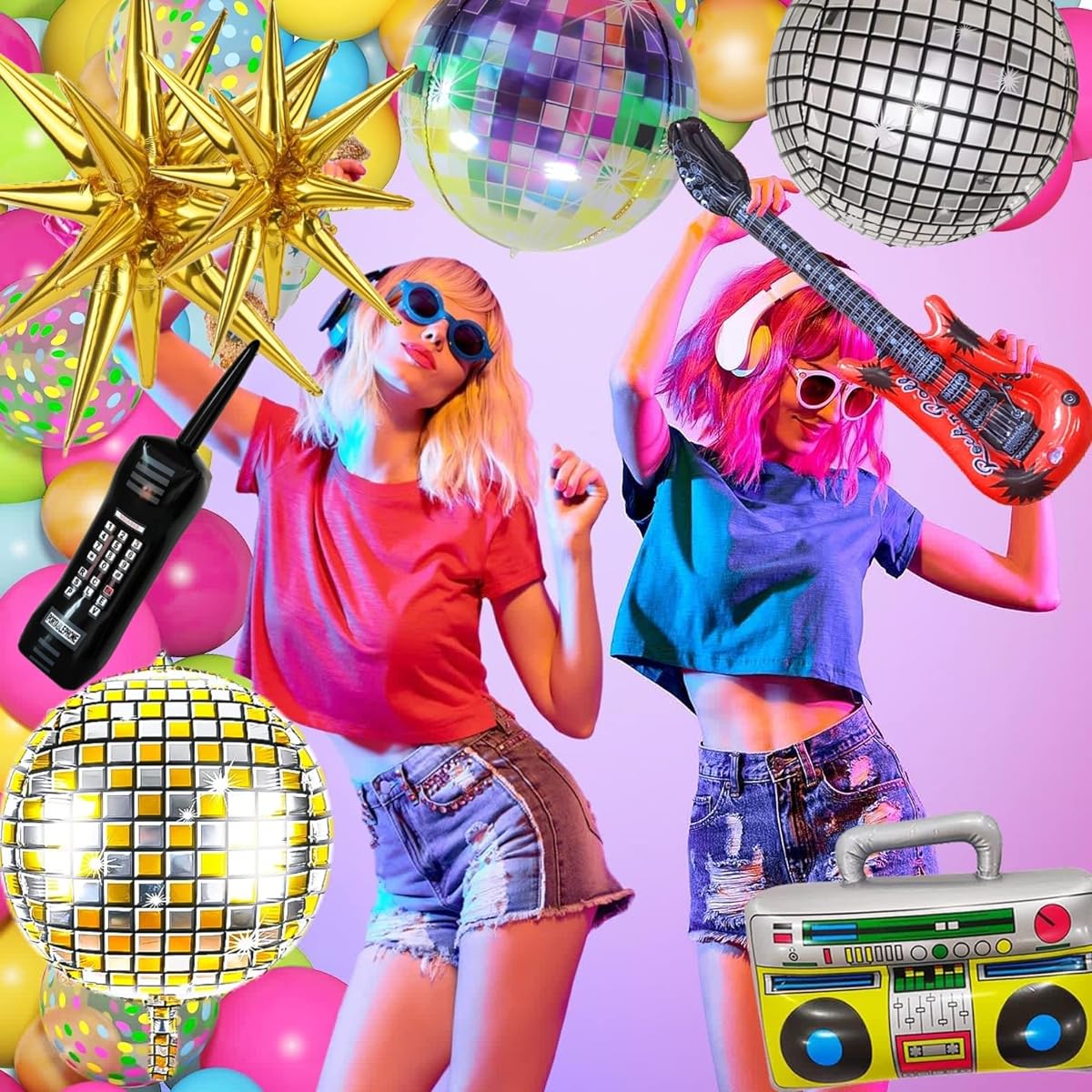 80s 90s Party Decorations, 15pcs Disco Balloons Gold Exploding Star Foil Balloons Inflatable Boom Box Guitar Cell Phone Balloons for 80s 90s Hip Hop Theme Birthday Party Decoration Supplies (Gold)