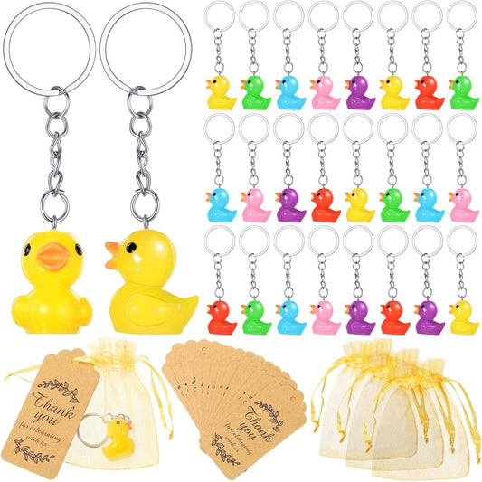 3D Duck Keychain Birthday Party Favors 30 Sets Rubber Duck Little Duck Keychain with Organza Drawstring Bag Thank You Craft Tags Kids Birthday Party Baby Shower Decoration Gift Supplies