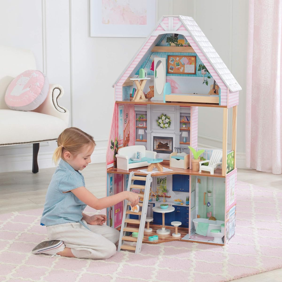 KidKraft Matilda Wooden Dollhouse with EZ Craft Assembly, Balcony, Movable Stairs, 23 Accessories, Ages 3+, Pink