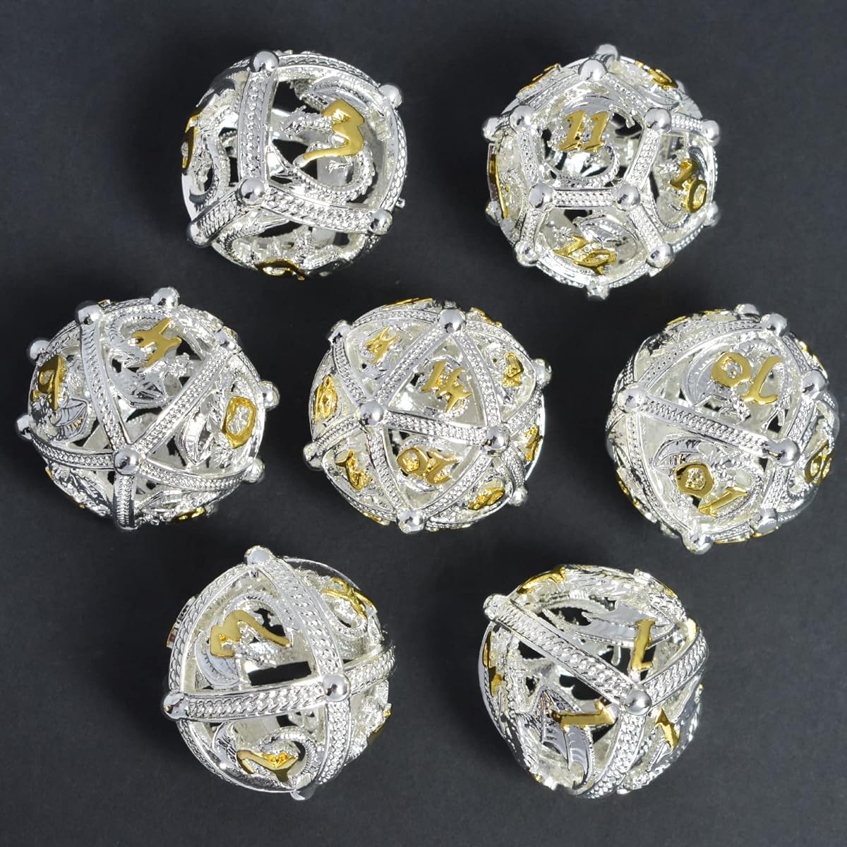 RULE DICE Metal DND Dice Set, 7 Round Hollow Sphere Design, Easy to Roll and Beautiful Dragon Shaped Metal Dice Set, Role Playing Game D&D Dice MTG Pathfinder (Silver Dragon)