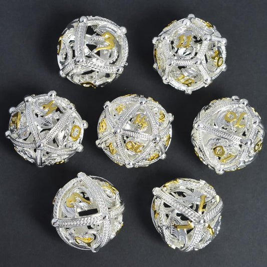 RULE DICE Metal DND Dice Set, 7 Round Hollow Sphere Design, Easy to Roll and Beautiful Dragon Shaped Metal Dice Set, Role Playing Game D&D Dice MTG Pathfinder (Silver Dragon)
