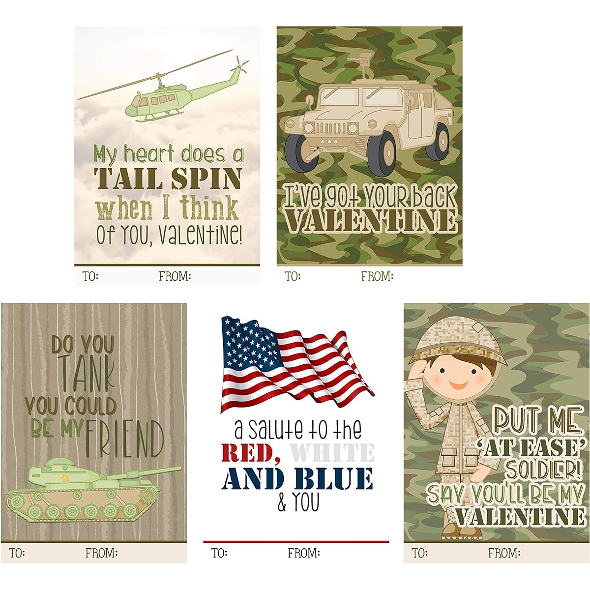 Silly Goose Gifts Army Military USA Theme Valentine's Day Card Set (Set of 25) Valentine Classroom Sharing Exchange Gift for Kids Camouflage Tank
