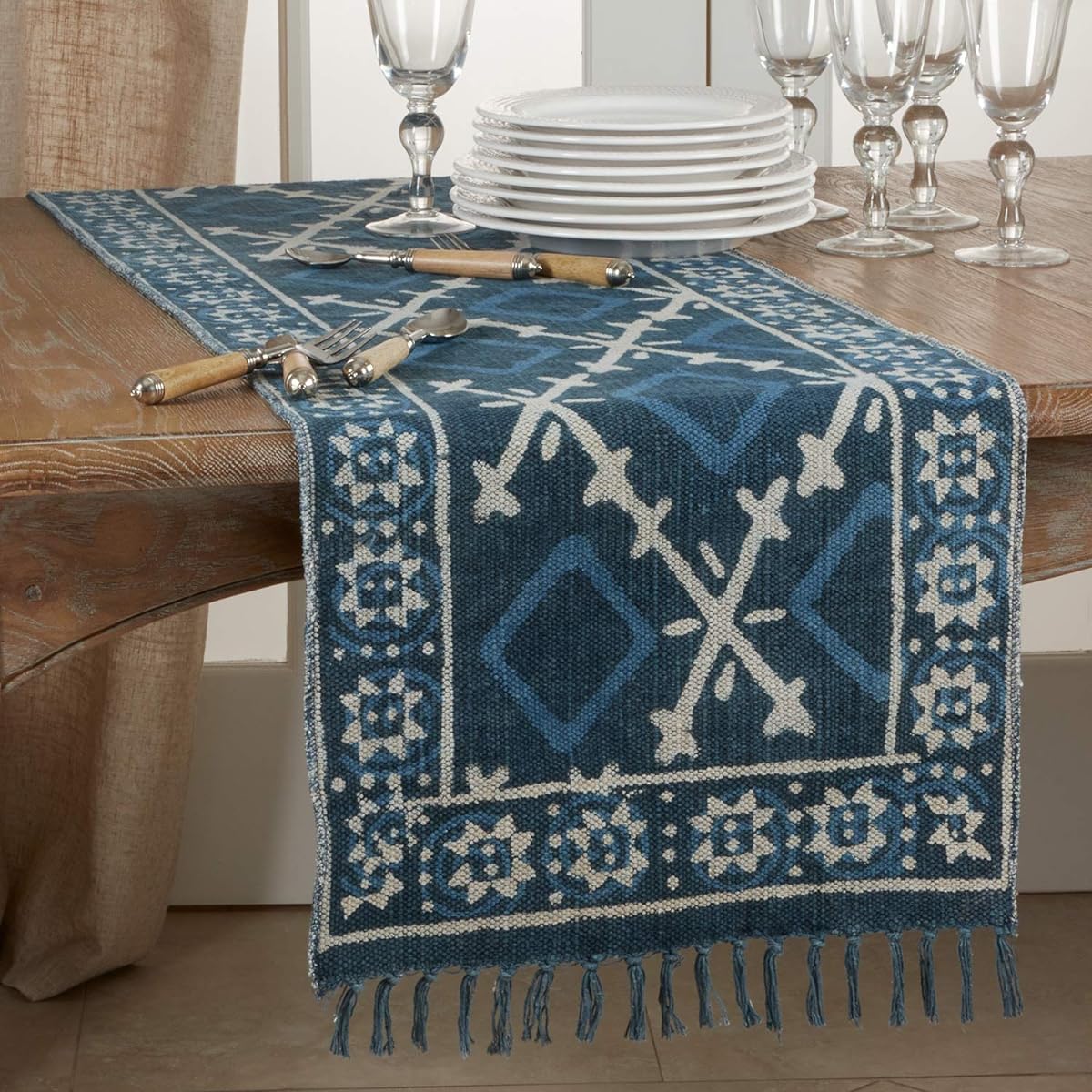 Fennco Styles Distressed Mudcloth Tassel 100% Cotton Table Runner 16" x 72" Navy Blue Table Cover Home Decor for Dining Table Banquet Holiday Special Events