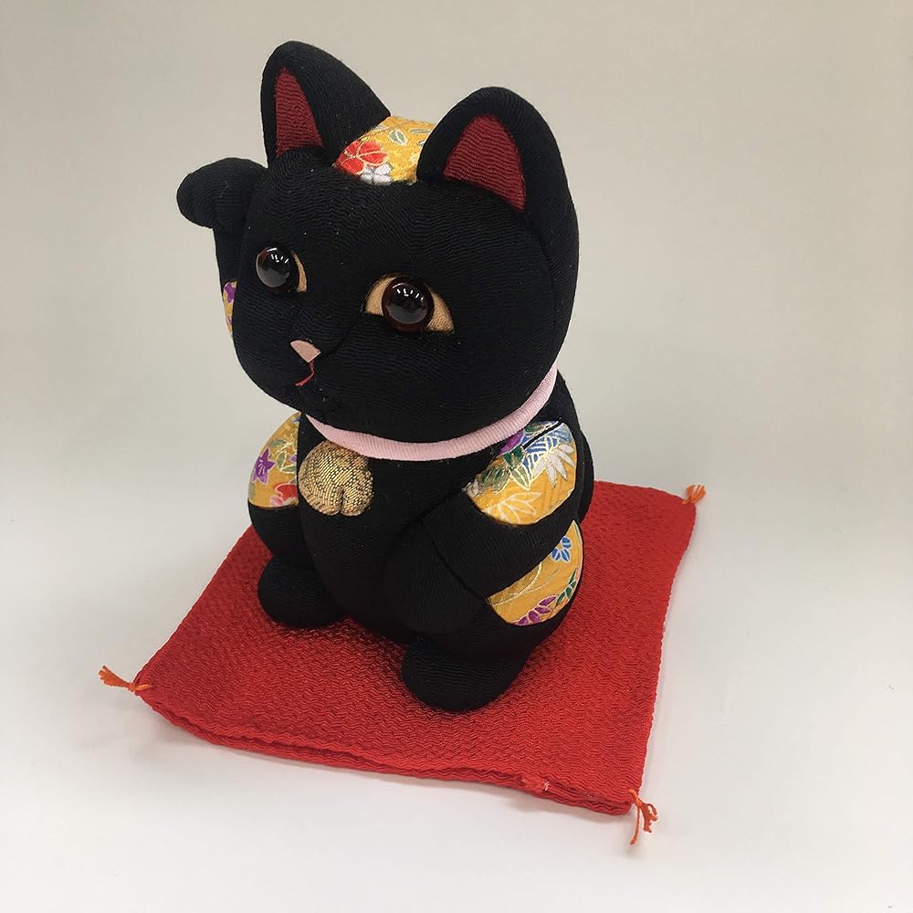 Lucky Cat Large Feng Shui Black Traditional Craftsman Toko Kakinuma Kimekomi Doll Made in Japan
