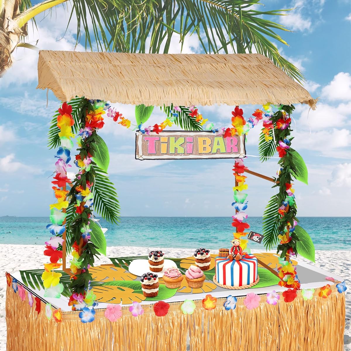 Tiki Bar Hat Set, 45 Piece Tropical Tabletop Hut, Tiki Bar Roof, Hawaiian Grass, Table Skirt Decorations, Hibiscus Garland, Tiki Bar Banner, Tropical Palm Leaves, Pool, Beach, Hawaiian Party, Bar Decor