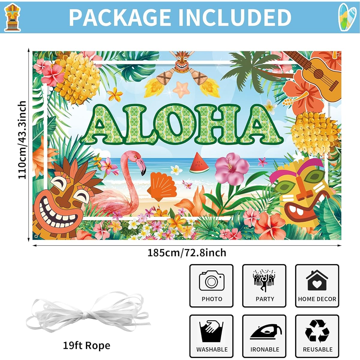 Hawaii Party Decoration Backdrop Banner Aloha Party Banner Large Aloha Party Backdrop Summer Luau Tiki Beach Party Photo Booth Sign Banner Garden Flamingo Tropical Party Decoration 73x43inch