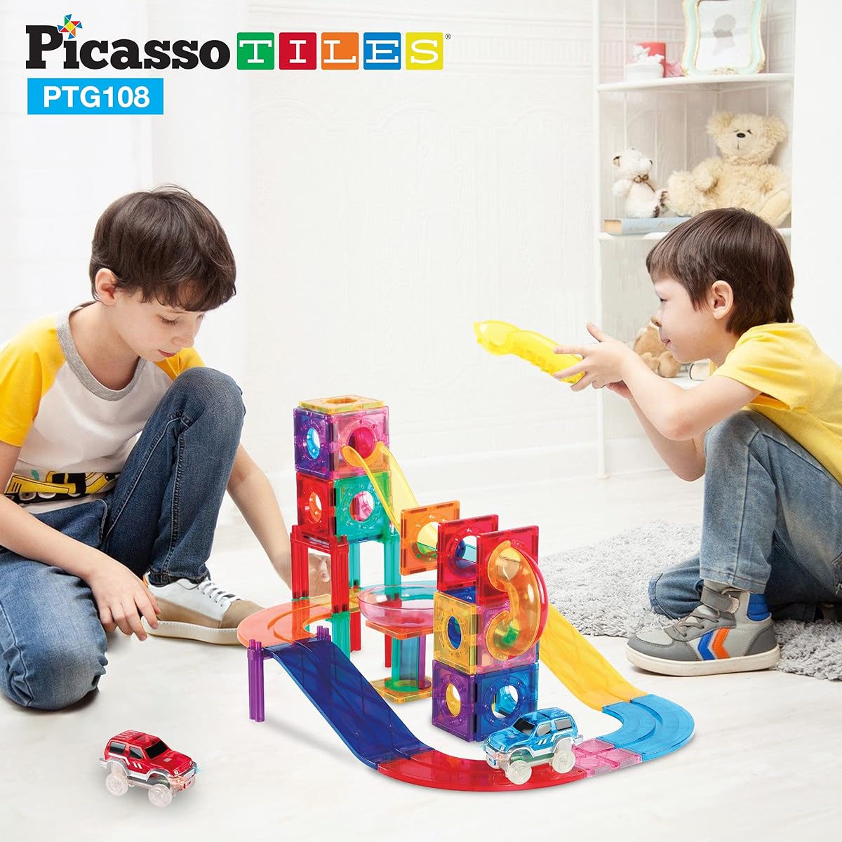 PicassoTiles 108pc 2-in-1 Marble Run Car Race Track Combo Magnetic Tiles PicassoToys Magnet Building Block Educational Construction Toy Playset STEM STEAM Learning Kit Child Brain Development PTG108