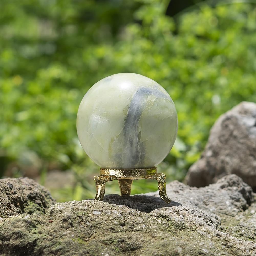 Crocon Serpentine Crystal Sphere and Metal Stand Gemstone Sphere Healing Ball Sculpture Feng Shui Fortune Telling Figurine Home Decor Size: 45-55 mm