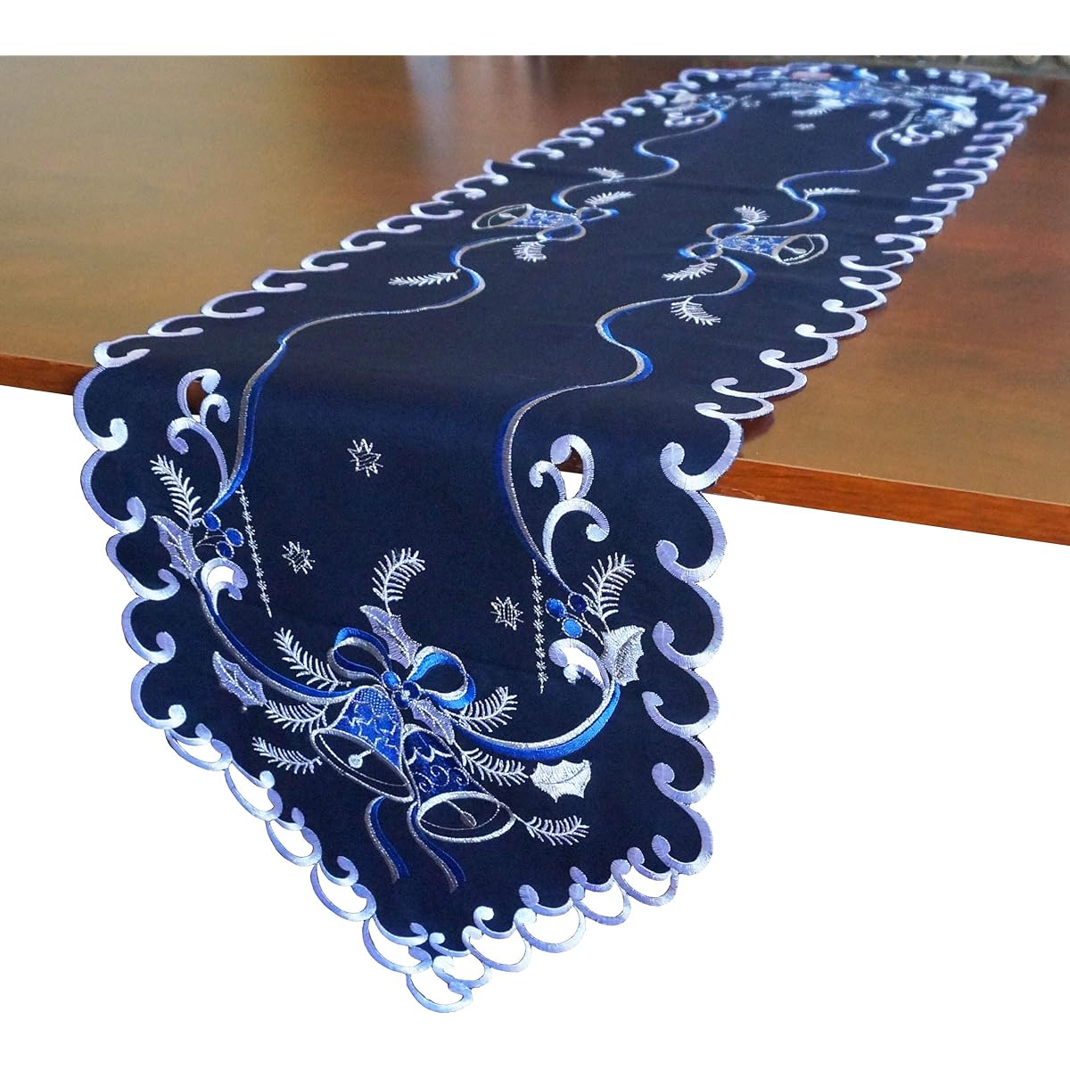 GRANDDECO Holiday Christmas Table Runner 13"x54" Cutwork Embroidered Floral Christmas Bluebell Dresser Scarf Table Topper Home Dining Christmas Tabletop Decor