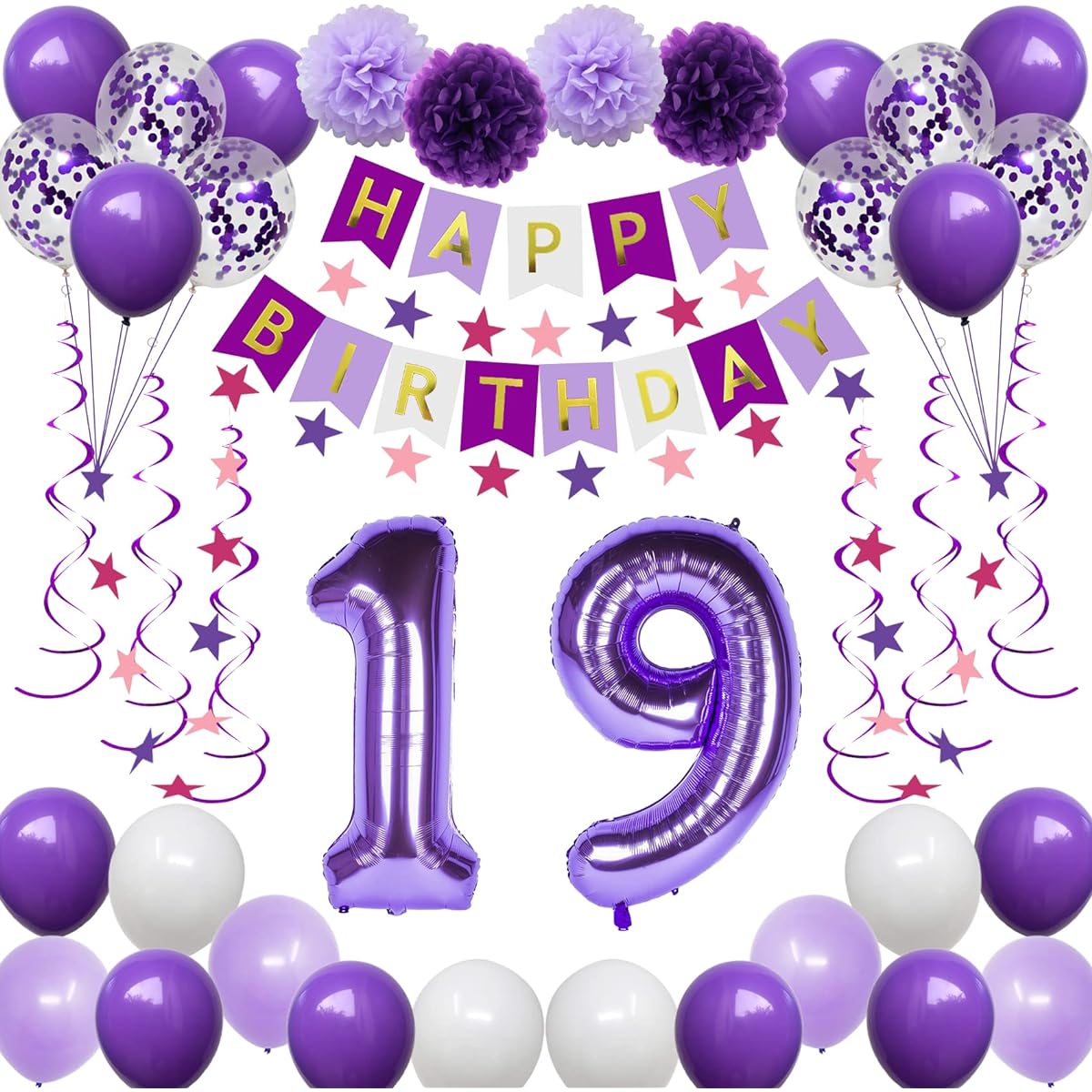 NANINUNENO 19th Birthday Decorations for Girls Purple 19th Birthday Balloons Purple with Happy Birthday Banner Purple 19 Number Balloons Purple Pink Star Streamers Hanging Swirls