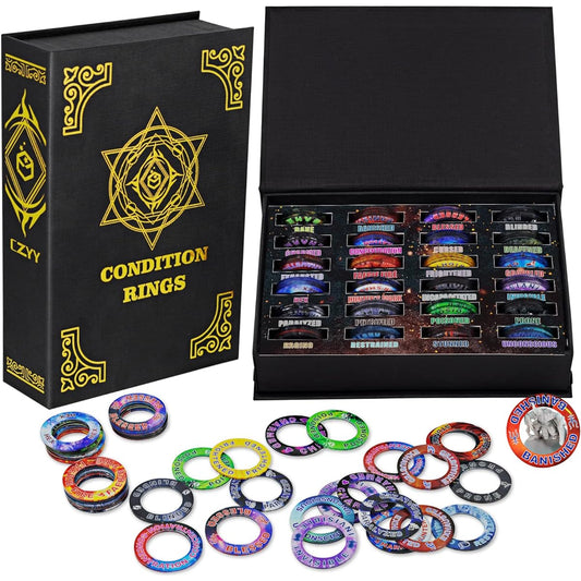 Upgrade DND Condition Ring Status Effect Markers 96 Pieces Color Printed 24 Conditions & Spells Magic Book Storage Box Great Tabletop RPG Gift for DM or Player