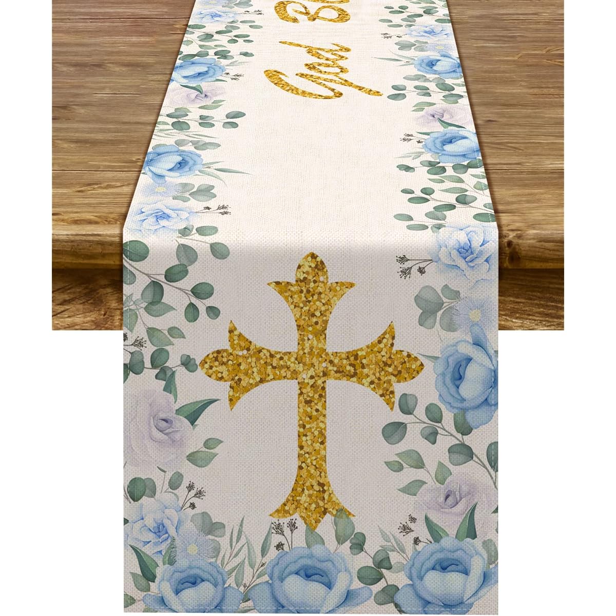 Pudodo Boy Baptism Table Runner God Bless First Communion Baptism Baby Shower Party Kitchen Dining Home Decoration