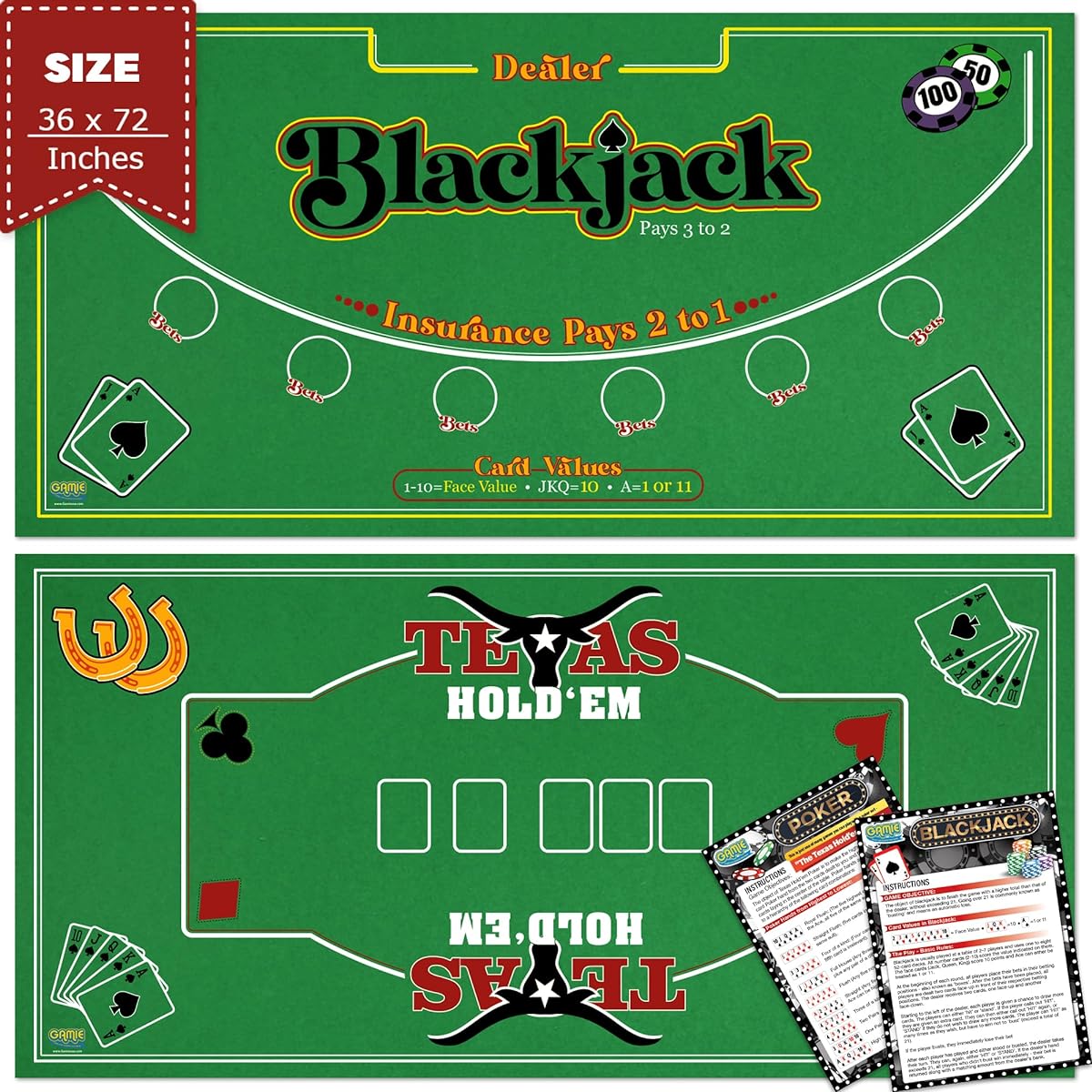 Gamie Double Sided Felt Casino Mat 36" x 72" for Blackjack & Texas Hold'em Poker, 2-in-1 Texas Hold'em Poker Mat & Blackjack Mat, Professional Grade Felt Poker Tabletop Mat with Instructions