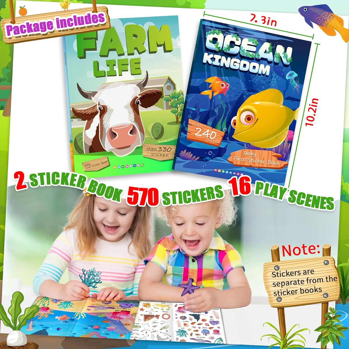LIFEBE 2 Sets Sticker Books for Kids 2-4 (570+ Sheets) Toddler Sticker Books for 2 3 4 5 Year Old Girls Boys Educational Toys Learning Books Farm and Sea