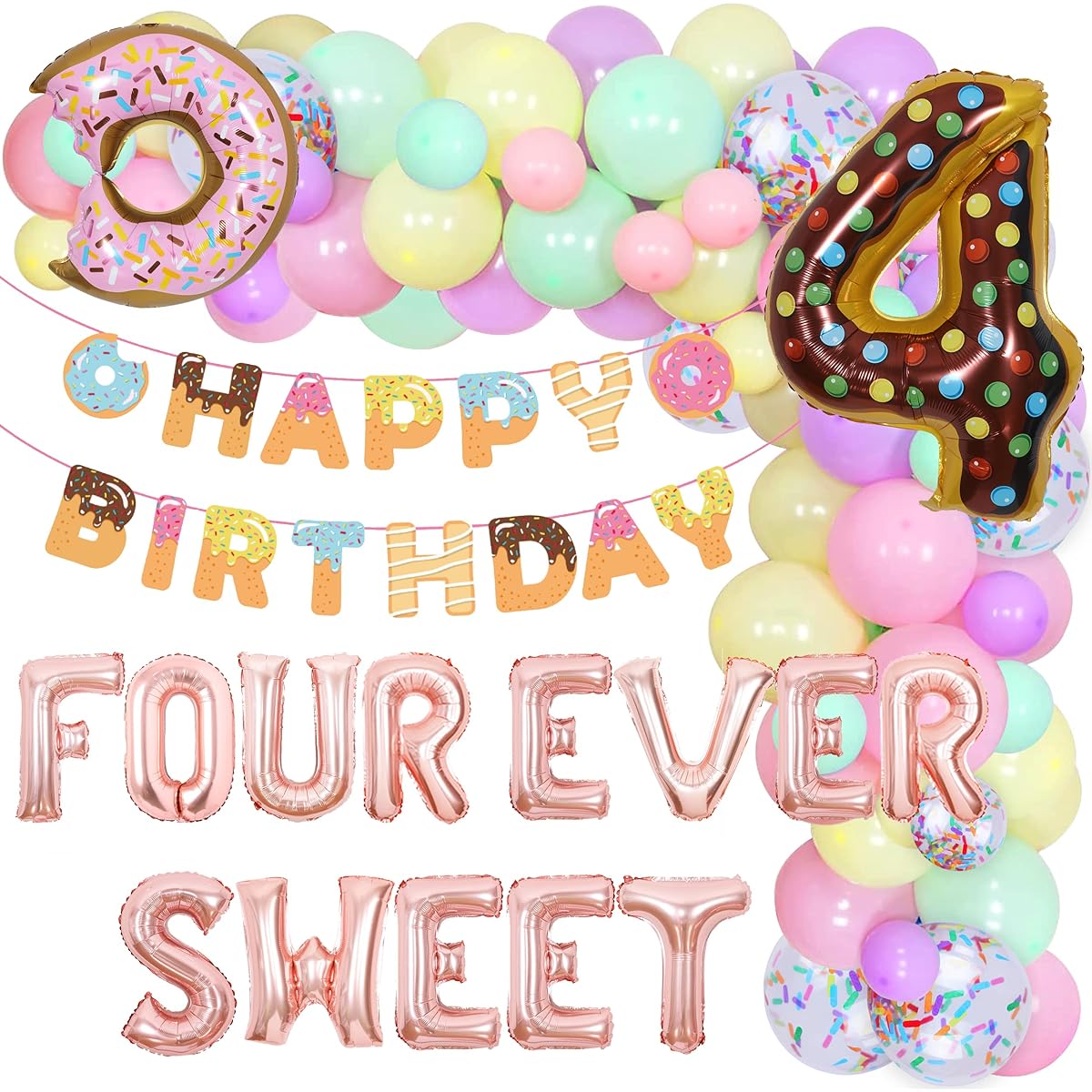 Four Ever Sweet Birthday Decorations for Girls, Donuts 4th Birthday Party Decorations Donut Birthday Balloon Arch Happy Birthday Banner for 4 Year Olds