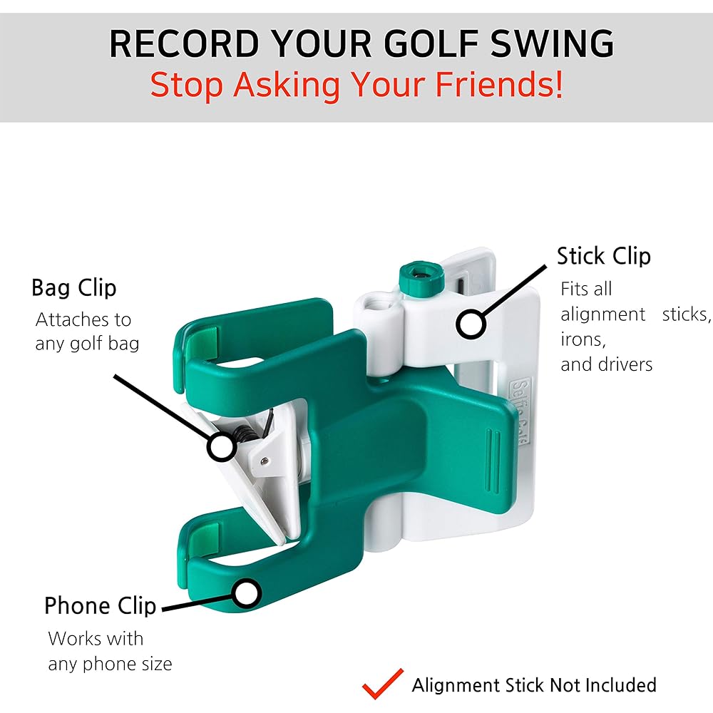 SelfieGOLF Record Golf Swing Cell Phone Holder Golf Analyzer Accessory PGA Best Product Award Winner Selfie Putting Training Aid Compatible with All Golf Bags and Alignment Sticks