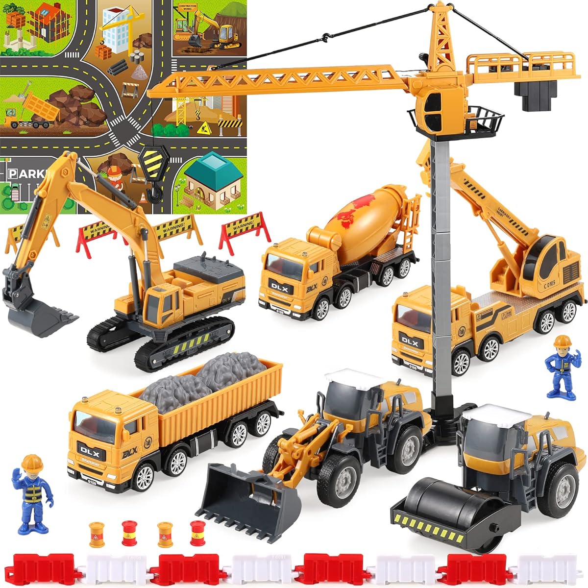 DOLIVE Construction Site Vehicle Toys with Mat, Crane Toy Tractor Tower Crane Truck Dump Truck Excavator Cement Mixer Truck Kids Engineering Playset for Ages 3+ Boys Girls