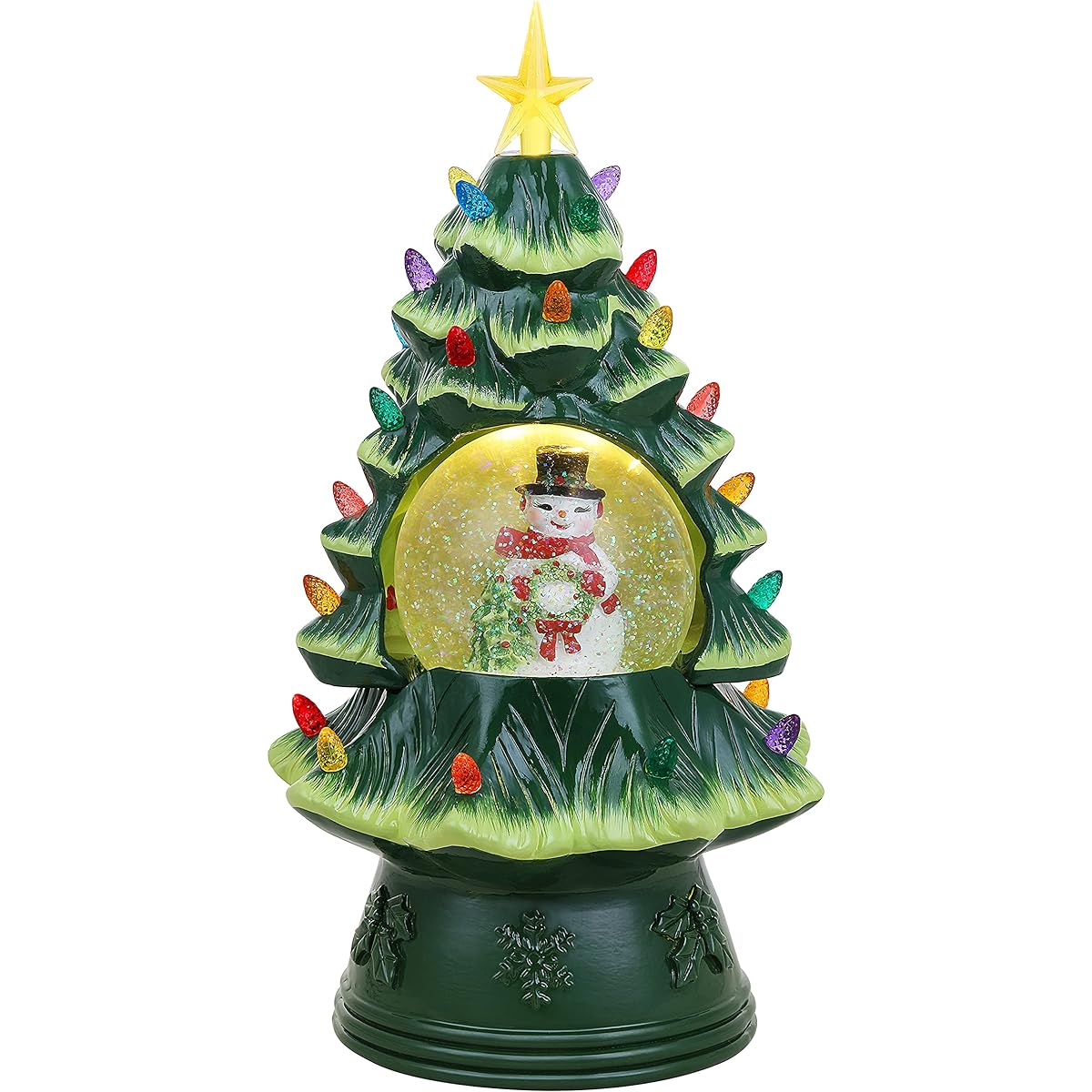 Mr. Christmas Nostalgic Ceramic Christmas Tree with LED Lights, Indoor Decor, 13.5" Snow Globe, Snowman