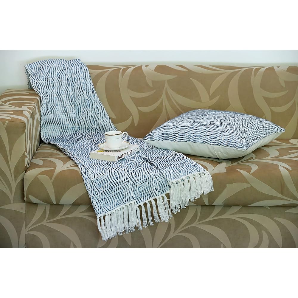 Woven Virtues Blue and White Soft Decorative Cushion Cover - Set of 2, Luxurious Hand Woven, Delicate and Fashionable, Organic and Comfortable Feel, Blue and White Diamonds in Length 50 x 50 cm