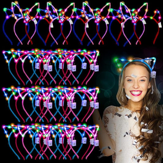 64 Pieces Glowing Cat Ears Headband Bulk LED Rabbit Ears Glow in the Dark Cat Ears Glowing Hair Band Party Supplies for Women Girls Adults Valentine's Day