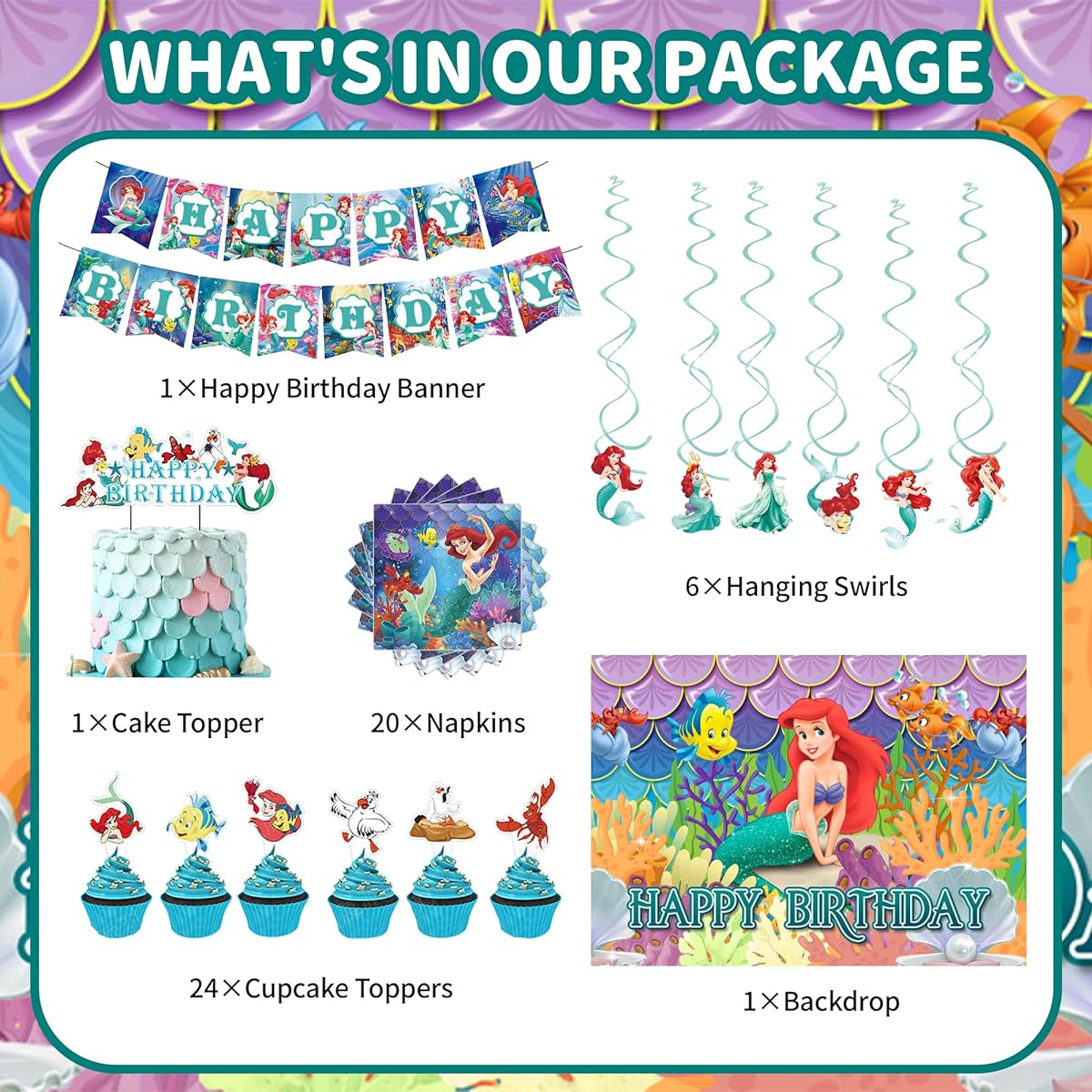Mermaid Party Decorations Mermaid Birthday Party Supplies Party Set for Girls Birthday Banner Backdrop Swirls Tableware Balloons Stickers Cups Nakpin Tablecloth