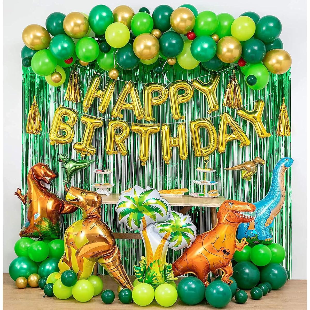 Dinosaur Birthday Party Decorations & Balloons Arch Garland Kit (Gold, Green, Red) Dinosaur Balloons, Happy Birthday Balloons, Curtains for Dinosaur Themed Kids Parties, Showers, Celebrations.