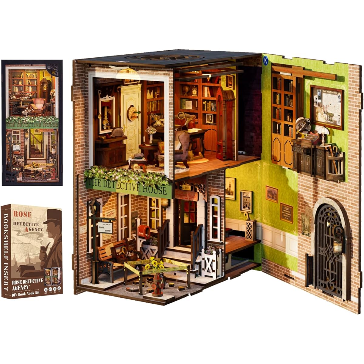 Cutefun DIY Book Nook Kit Birthday Gifts for Adults Teens Family DIY Miniature House Book Nook Kit Bookshelf Decor 3D Wooden Puzzle for Adults Tiny Home Model with LED Light (Rose Detective Agency)
