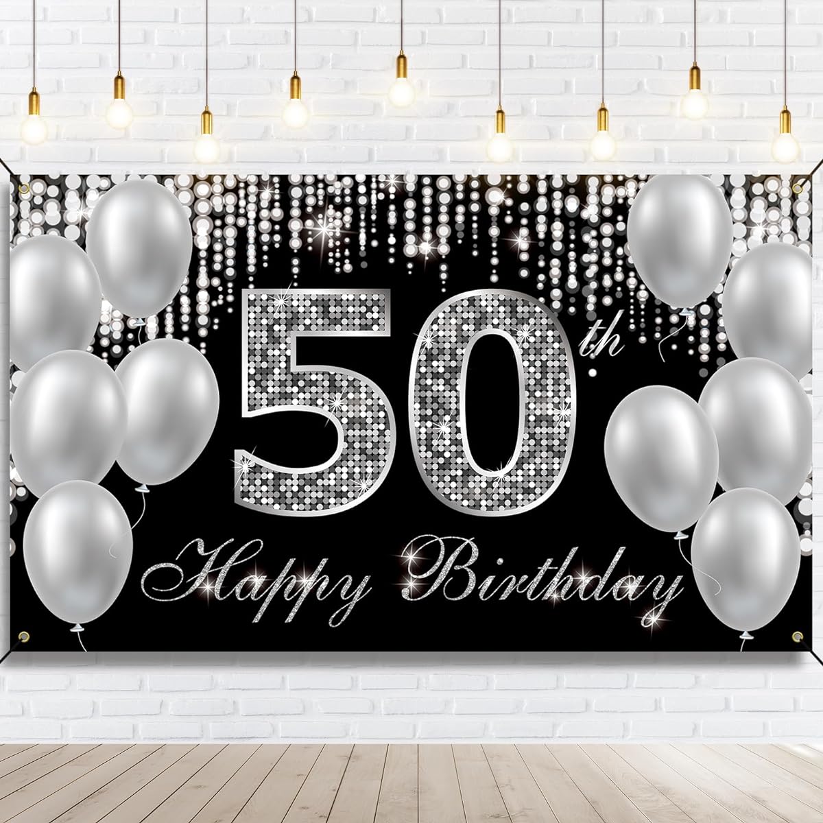 HTDZZI 50th Birthday Banner Backdrop, Happy 50th Birthday Decorations for Women Men Black Silver 50th Birthday Party Yard Sign Photo Booth Props Decor Supplies Fabric