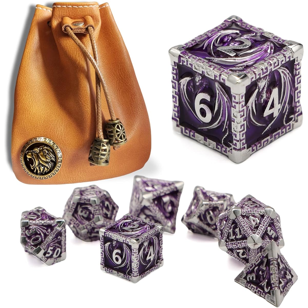 DND Dice Metal Dragon Set Unique Dragon Design Dice with Gift Dice Bag for Dungeons & Dragons Games Magic the Gathering D&D Dice Set (Silver Purple)