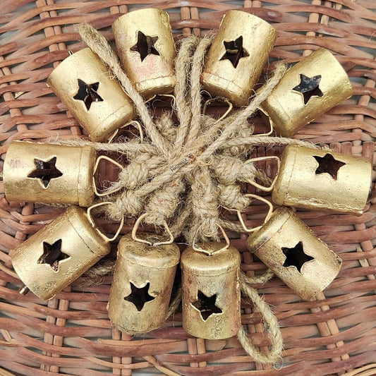HIGHBIX Rusty Harmony Metal Bells 10pcs Vintage Handmade Rustic Lucky Christmas Hanging 2" Bells on Rope (Star Cylinder)