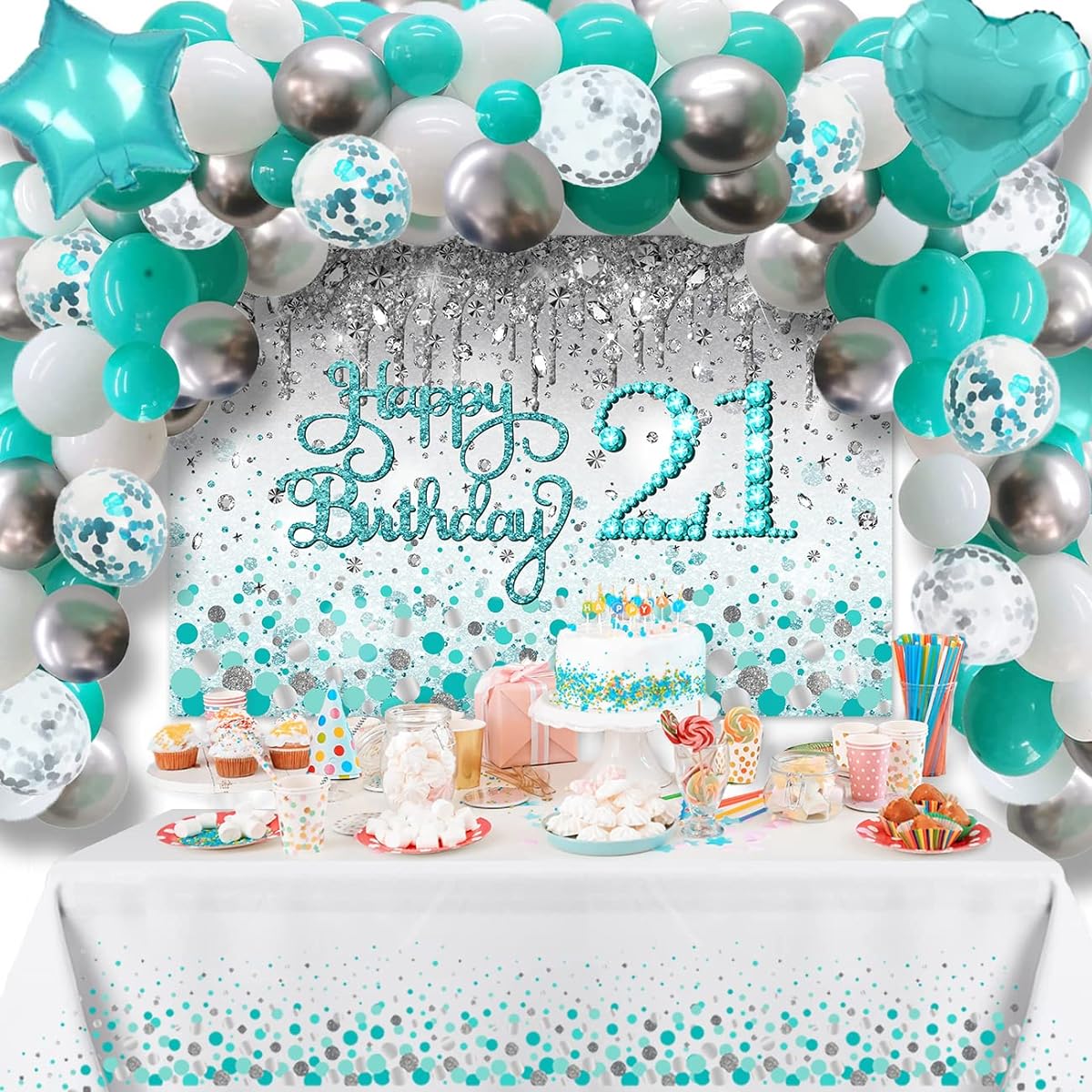 Happy 21st Birthday Decorations - Teal 21st Birthday Decorations for Girls Happy Birthday 21 Backdrop Birthday Sash Teal Blue Balloons Garland Kit Teal Dot Disposable Tablecloth
