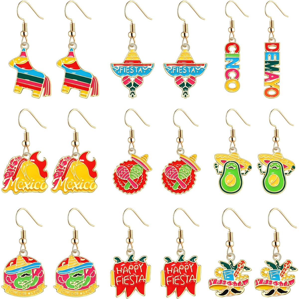 Cinco De Mayo Earrings for Women Mexican Earrings Enamel Sombrero Pinata Cactus Chili Pepper Earrings Fiesta Holiday Jewelry Gifts 9 Pairs
