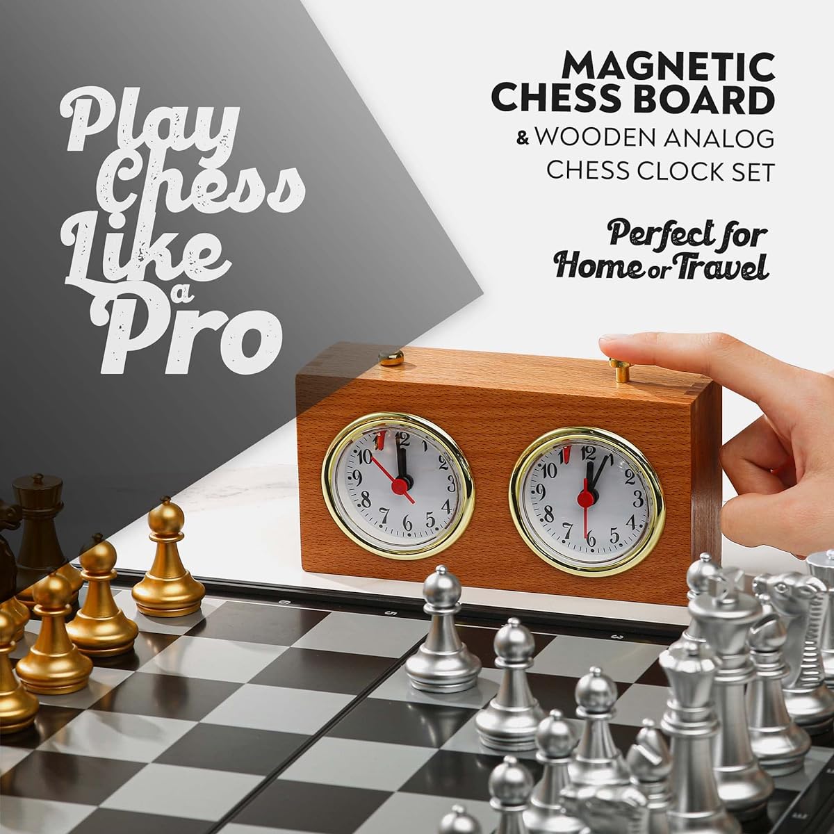 Magnetic Chess Board Game & Wooden Chess Clock Timer Winding Mechanism 14" x 14" Chess Board - Travel Chess, Board Game