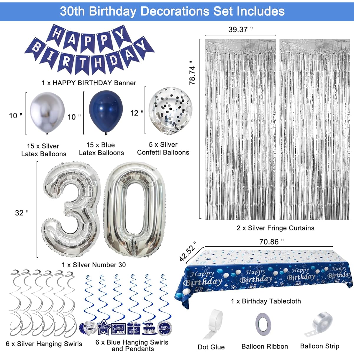 30th Birthday Decorations Blue and Silver 30th Birthday Party Decorations for Men Happy Birthday Banner 30th Birthday Balloons Tablecloth Fringe Curtain Hanging Swirls Birthday Party Supplies
