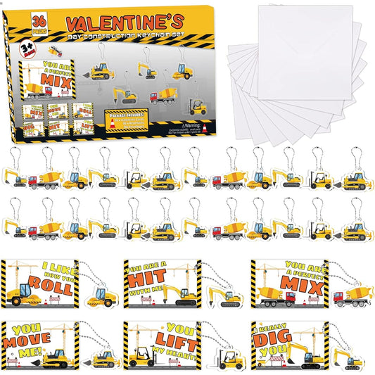 36 Valentine's Day Gift Card Construction Vehicle Keychain with Toy & Envelope Valentine's Party Favors Exchange Gift Pendant Present Greeting Card Kids Teacher Prize Student Activity Classroom Construction Truck Excavator