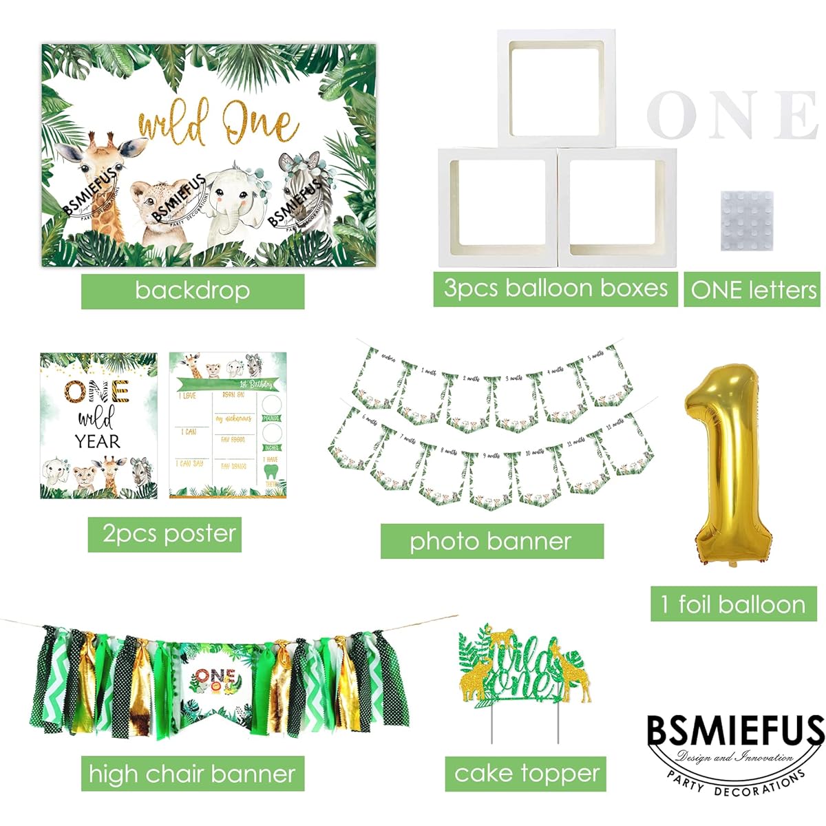 Wild One Birthday Decorations Supplies Jungle Theme 1st Birthday Decorations Wild One Backdrop Highchair Banner First Birthday Balloon Box for 1st Birthday Boy or Girl Decorations Jungle Safari 1st Birthday Party Supplies