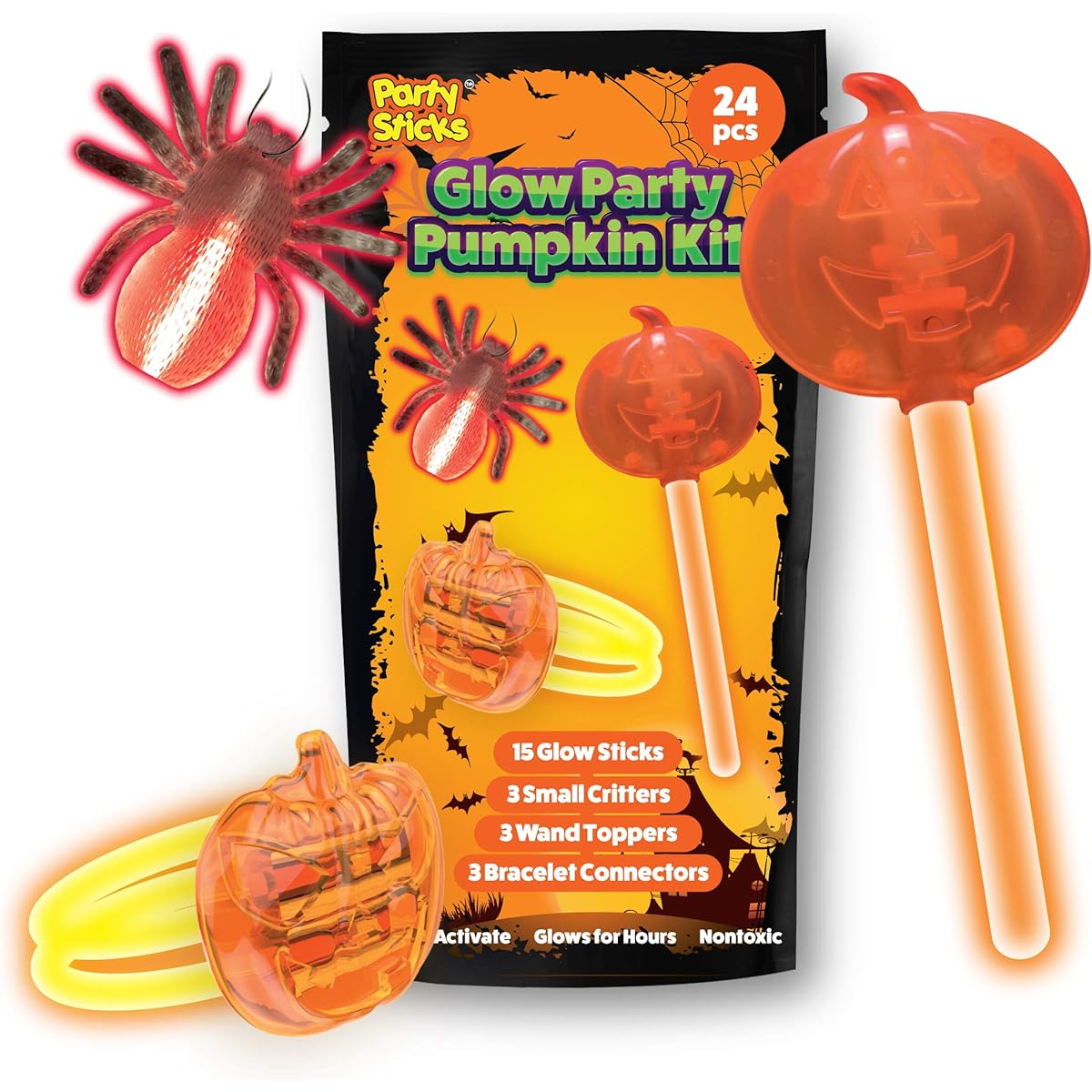 PartySticks Glow Party Pumpkin Kit Party Favors for Kids - Glow in the Dark Party Decorations with 15 Glow Sticks, 3 Fake Bug Critters, 3 Wand Toppers, and 3 Glow Bracelet Connectors