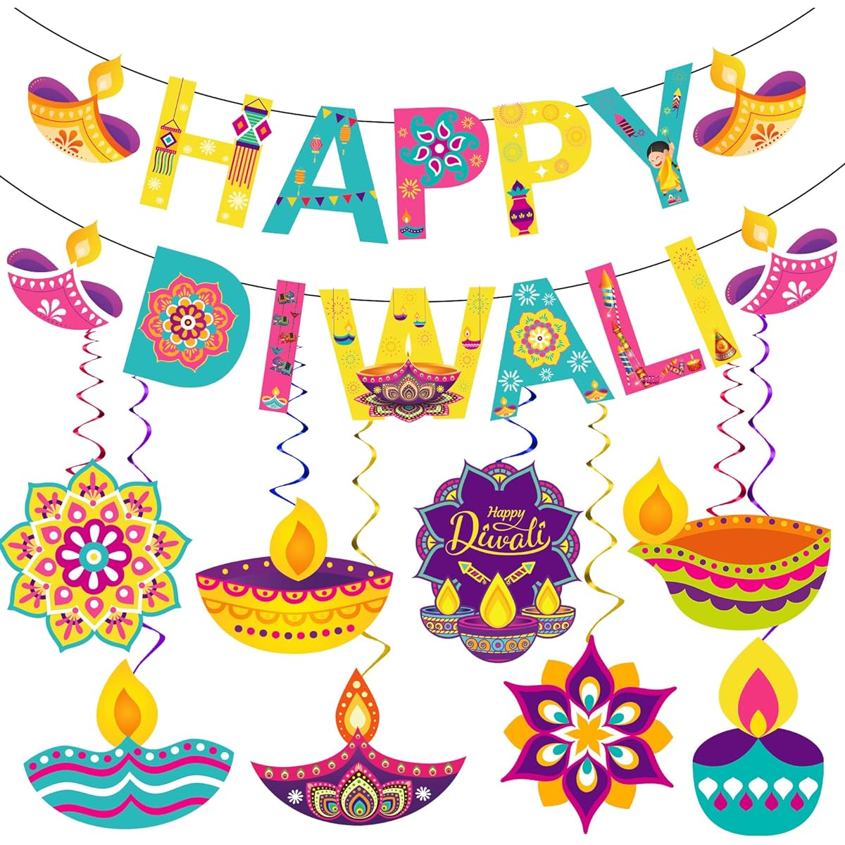 Happy Diwali Banner Hanging Swirl Kit Diwali Decoration Home Diwali Decor Deer Hanging Decoration Diwali Rangoli Home Happy Festival Light Banner for Home