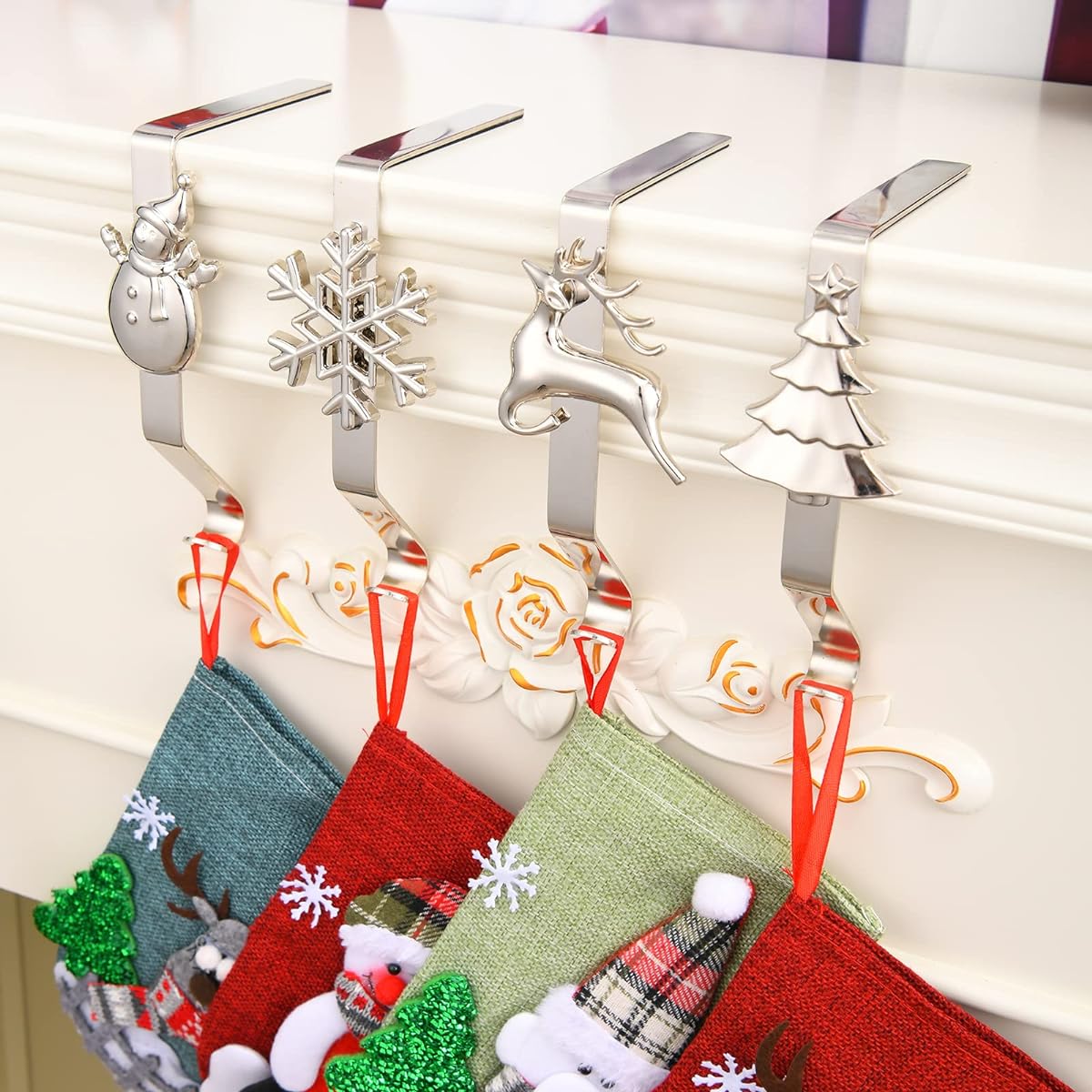 Mantle Stocking Holders, Set of 4 Christmas Stocking Hangers, Mantel Decor, Fireplace Stocking Hooks, Silver, Christmas Stocking Hooks (Silver Set)