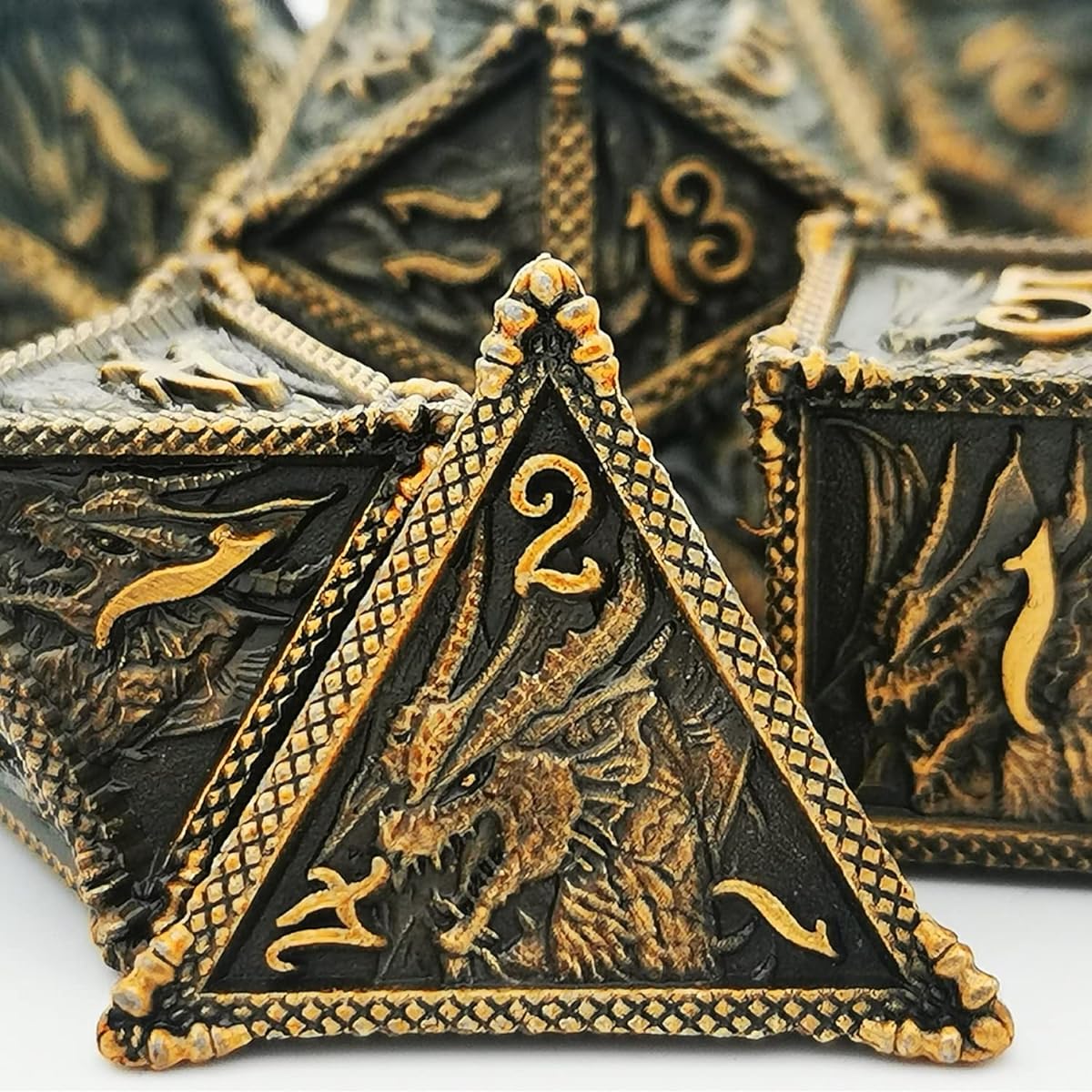 HAOMEJA Dice DND Metal Dragon Set Dice 7 Role Playing Dice D&D Solid Dice Dungeons & Dragons (Ancient Brass)
