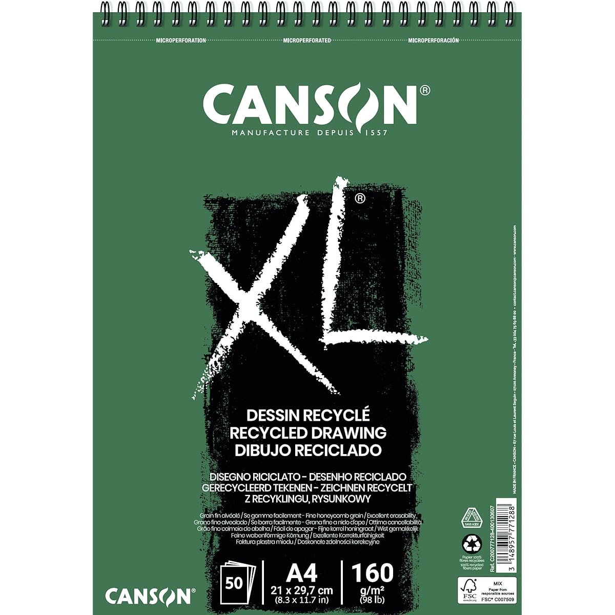 Canson XL Recycled Drawings 160gsm A4 Paper Fine Honeycomb Grain Spiral Pad Short Side 50 White Sheets Ideal for Professional Artists and Illustrators