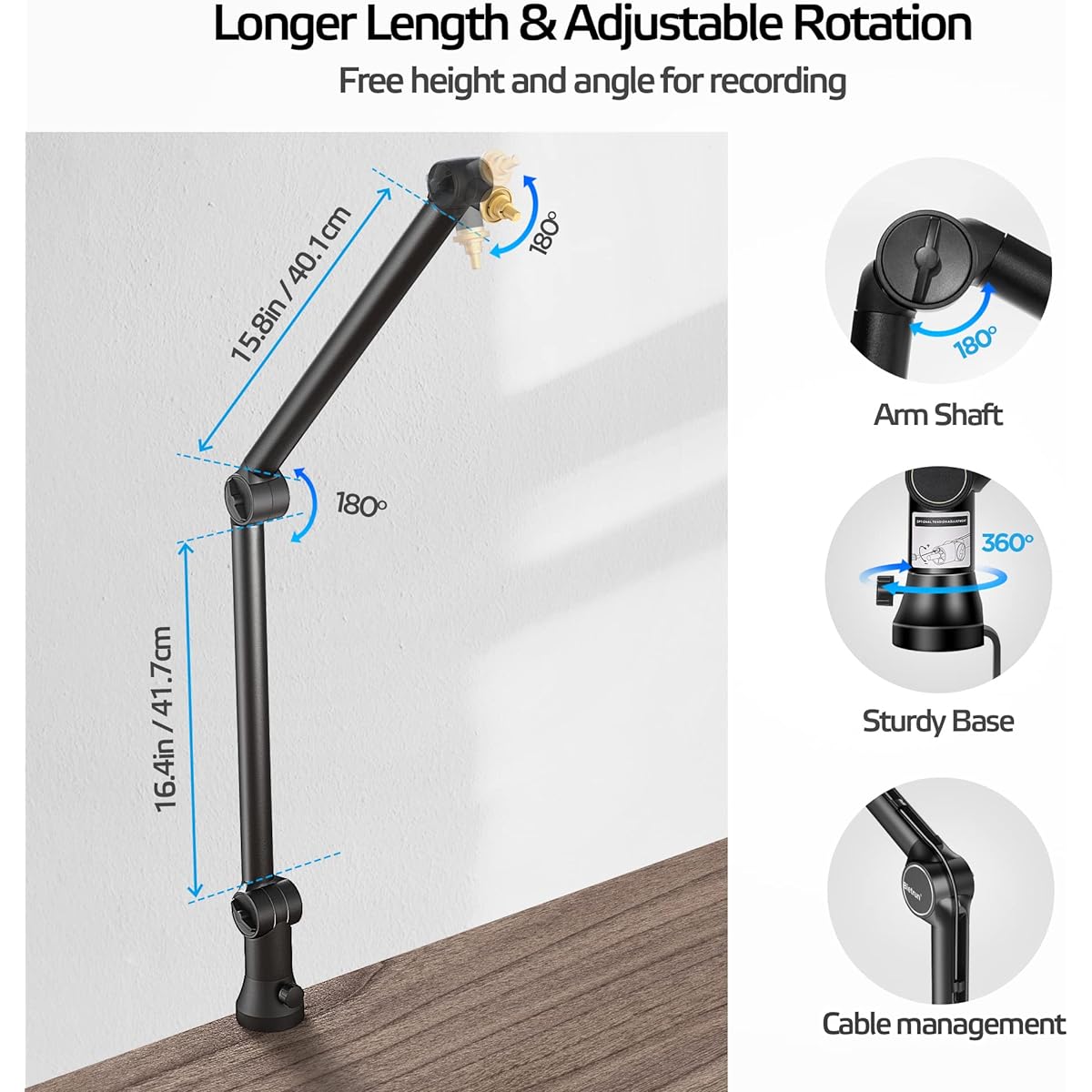Bietrun Microphone Arm Desk Mount (Longer) for Shure SM7B/MV7/Blue Yeti/Nano/Hyperx Quadcast, Adjustable 360° Rotatable Universal Heavy Duty Metal Mic Arm with 3/8" to 5/8" Adapter, Cable Trough and Headset Hook.