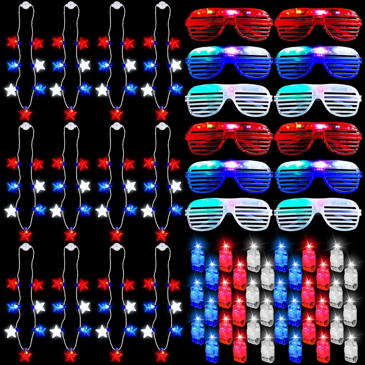 Umigy 60pcs Patriotic Party Supplies Glow in the Dark Party Favors, 12 LED Glasses, 12 LED Light Up Necklaces, LED Finger Lights for 4th of July Celebration, Independence Day, Memorial Day Decorations