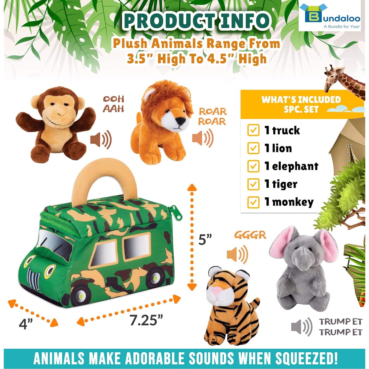 Bundaloo Plush Jungle Animal Set - Soft Stuffed Animals with Safari Truck Carrier - Talking Plush Toys for Babies, Kids, Toddlers - Cute Mini Tiger, Lion, Monkey, Elephant with Realistic Sounds