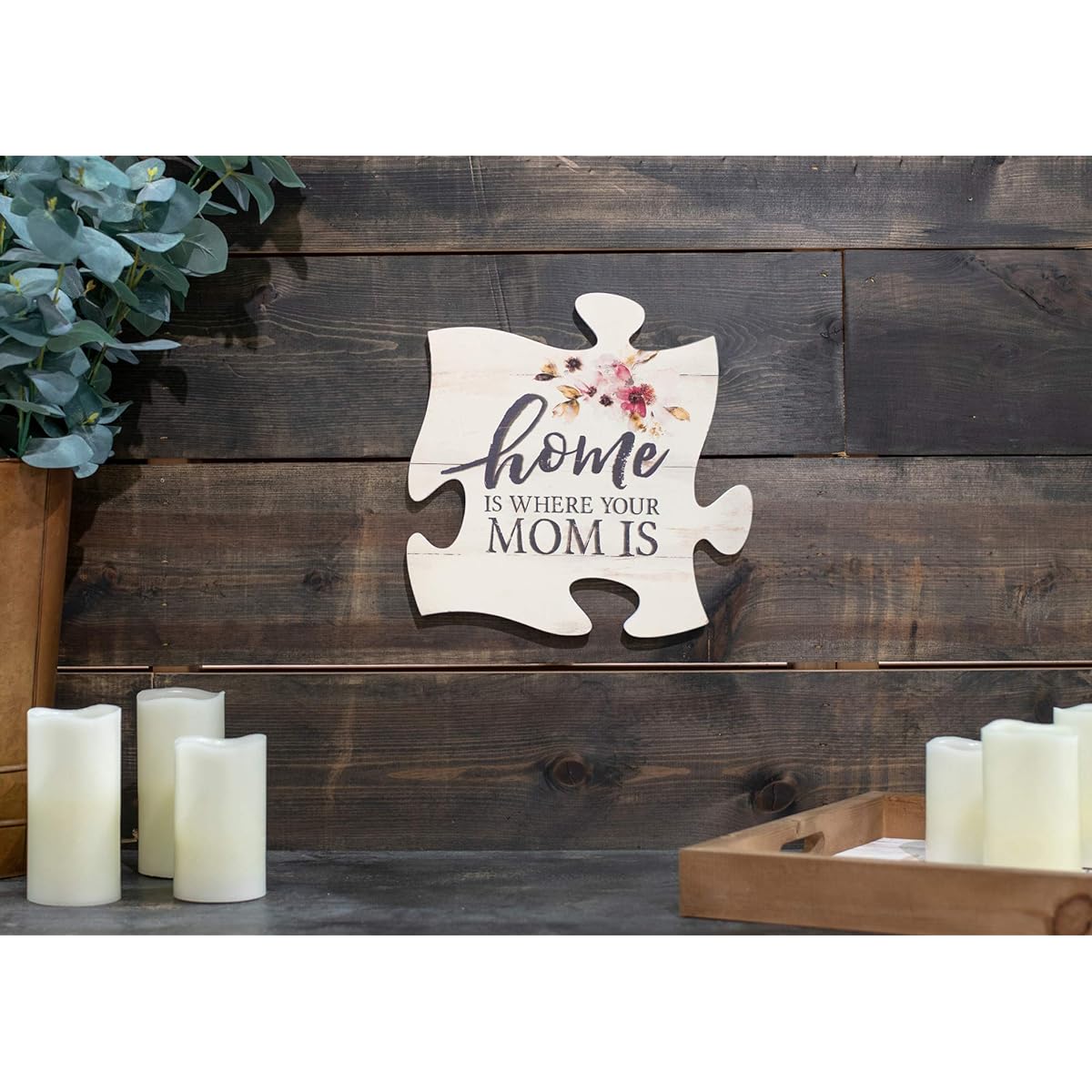 P. Graham Dunn Home Where Mom is Floral Pink 12 x 12 Pine Wood Decorative Puzzle Piece Plaque